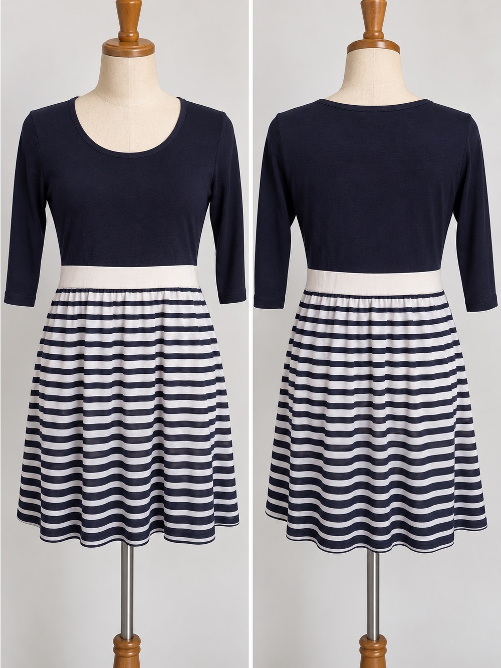 Charming Charlie Navy & White Long-Sleeve Striped Waist Dress